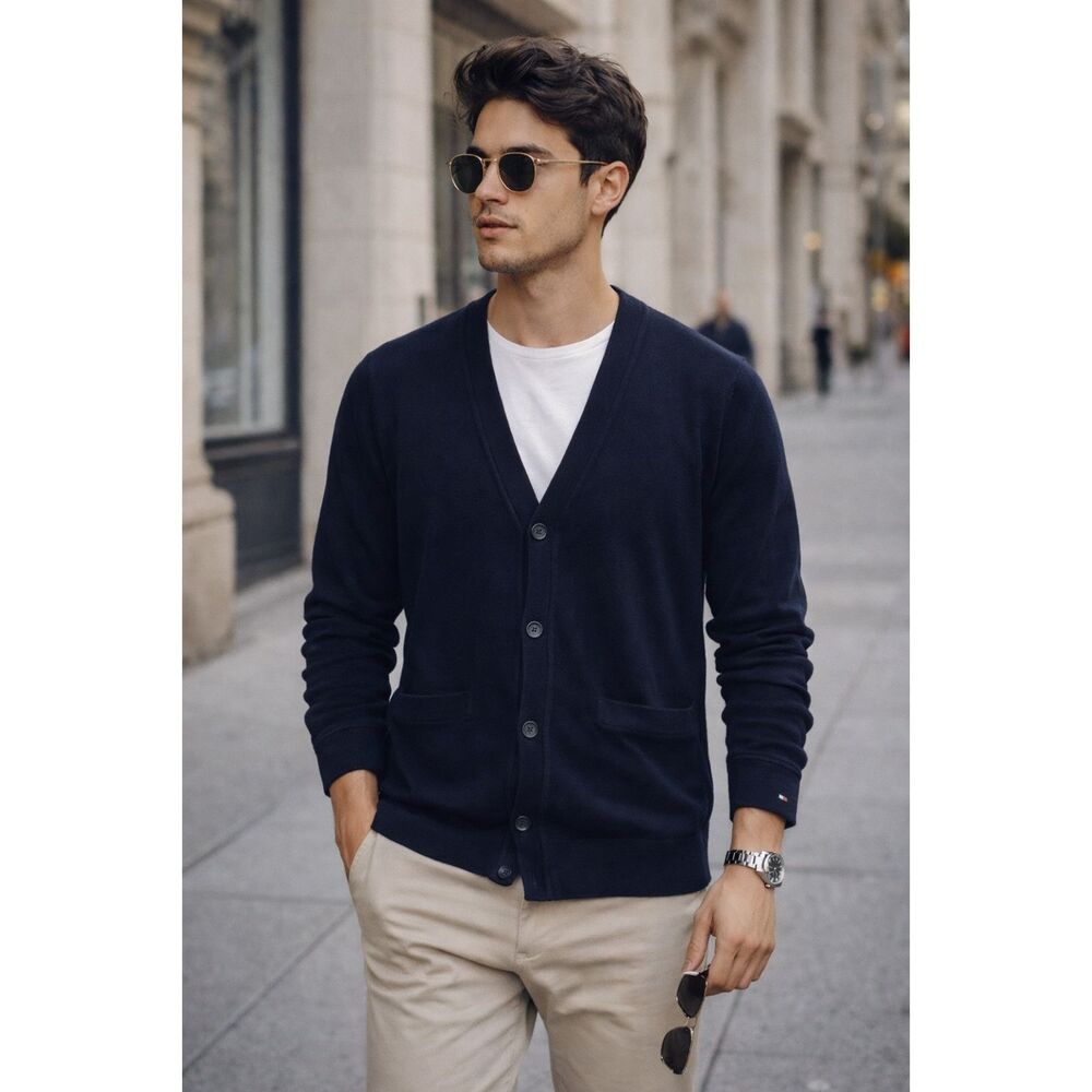 Tommy Hilfiger Men’s Small Navy Button Front Cardigan Sweatshirt Preppy